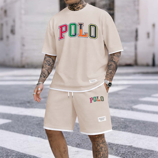 Men's Polo Print Drawstring Shorts Set For Spring/Summer. A Casual Summer Outfit, Including A Short-Sleeved Shirt And Shorts, Suitable For Everyday Wear And Sports. A Two-Piece Set For A Relaxed And Energetic Lifestyle.
