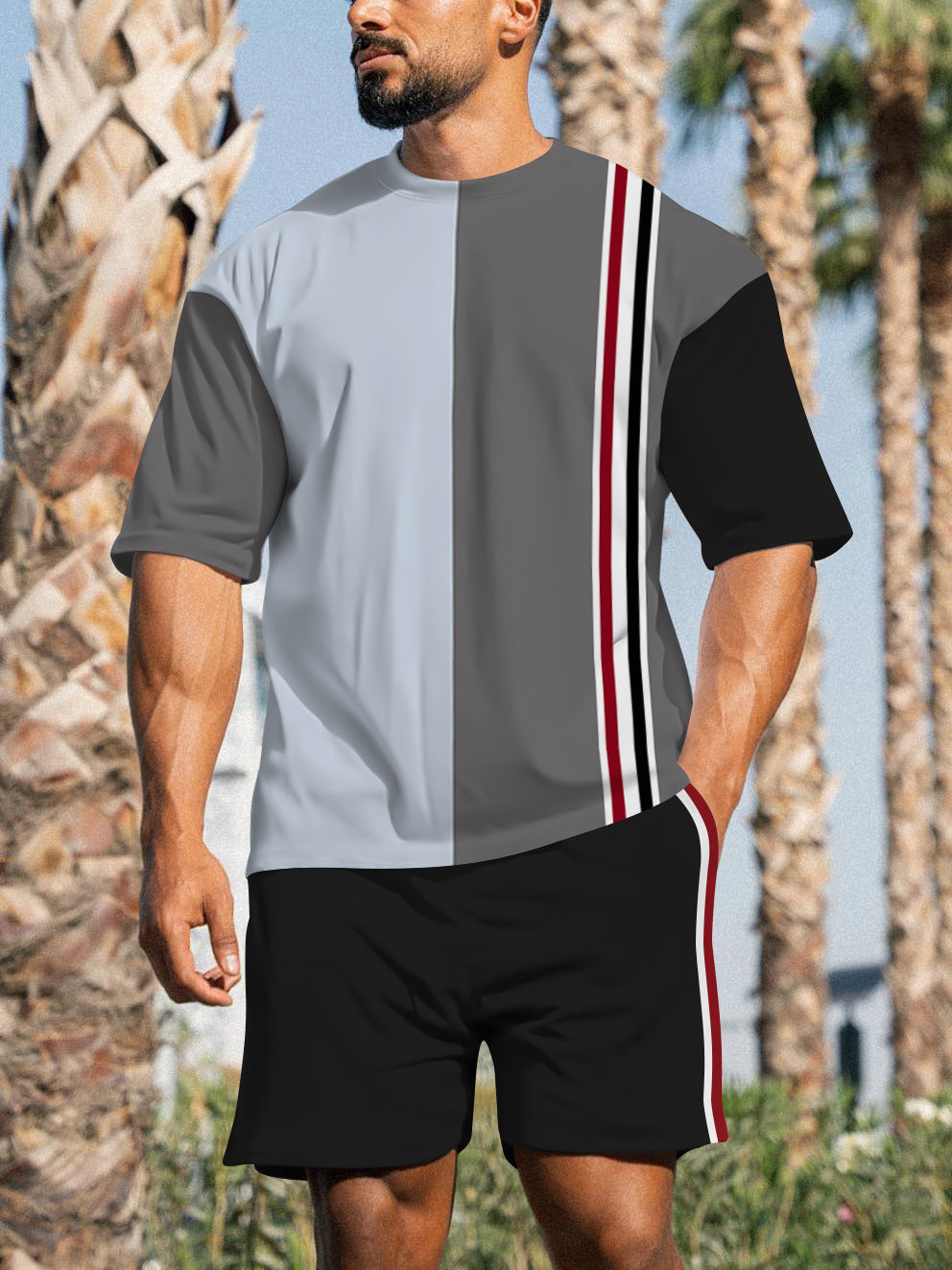 Men's Casual Sports Street Simple Color Block Printed Shorts Suit 019