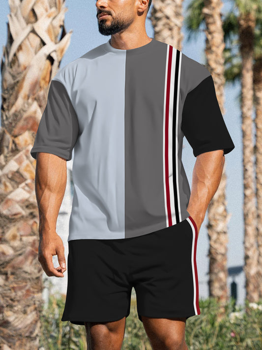 Men's Casual Sports Street Simple Color Block Printed Shorts Suit 019