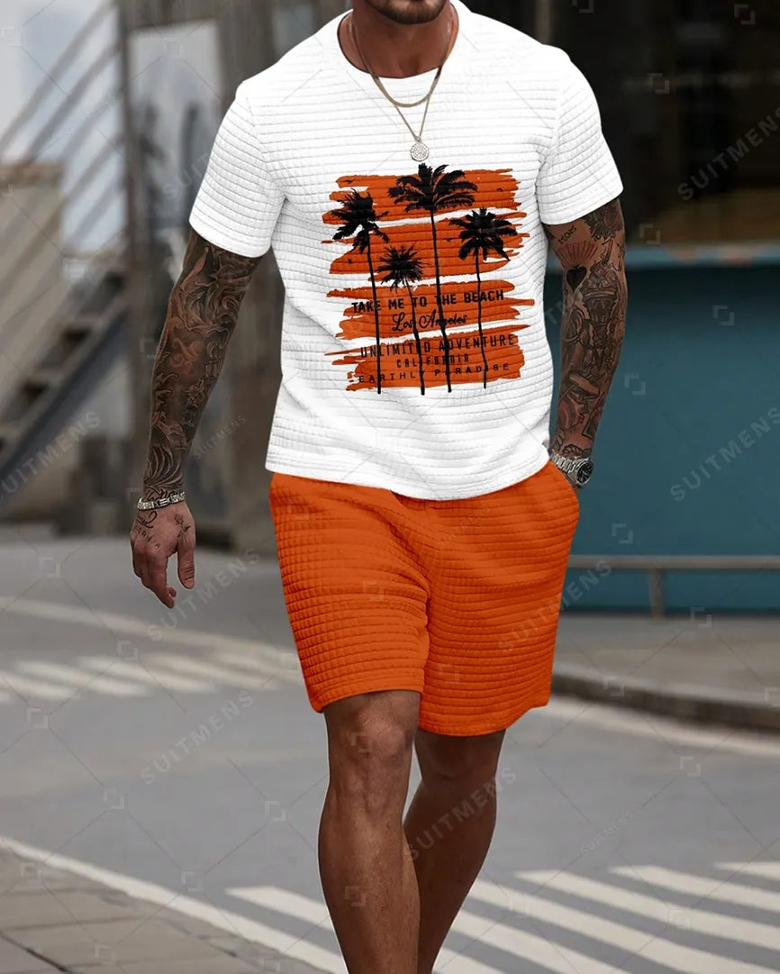 Men's Casual Waffle Textured Summer Round Neck Short Sleeve Shorts Set 0013