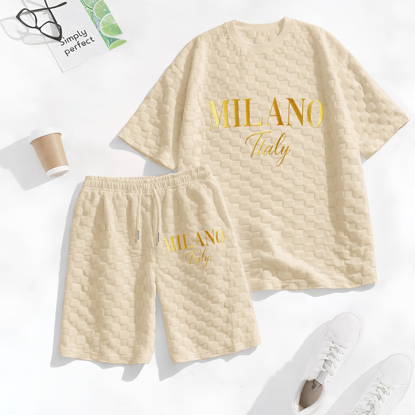 Men's Spring and Summer 'MILANO Italy' Letter Print Checkered Fabric Drawstring Shorts Set, Casual Summer Outfit with Short-Sleeved Shirt and Shorts, Ideal for Everyday Wear and Sports Activities