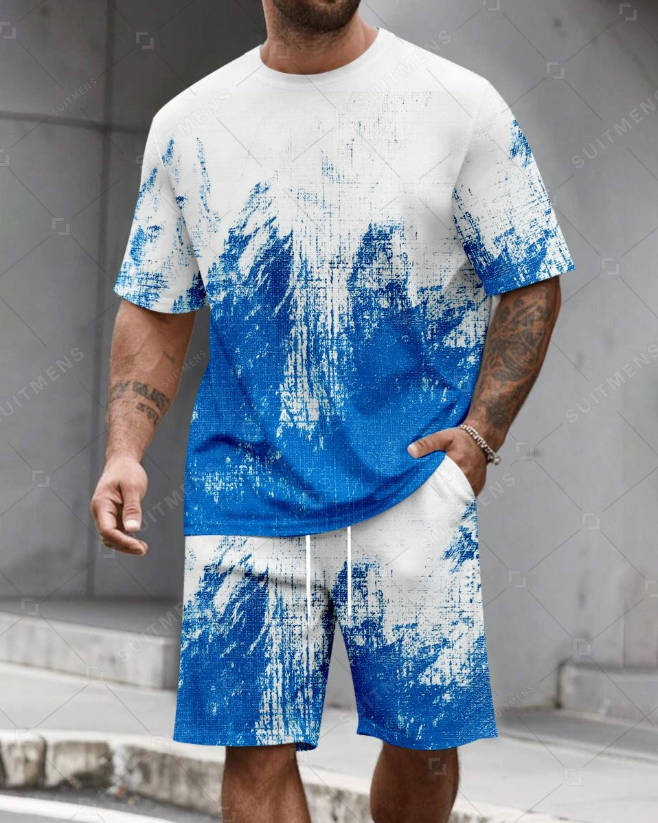 Men's Summer Colorblock Printed Round Neck Set 483