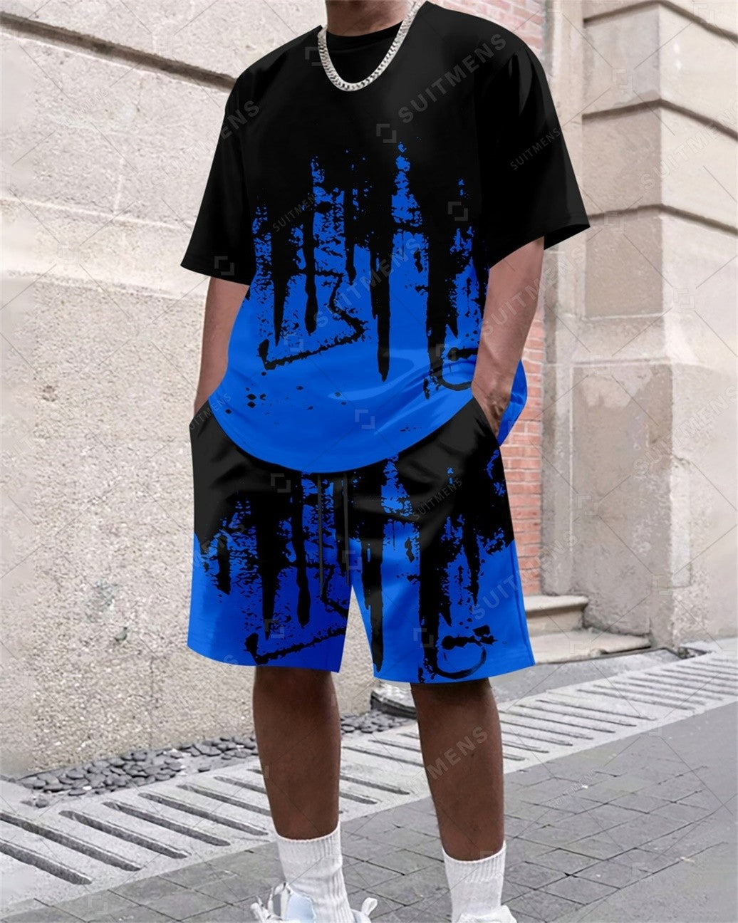 Men's Summer Gradient Print Round Neck Set 366