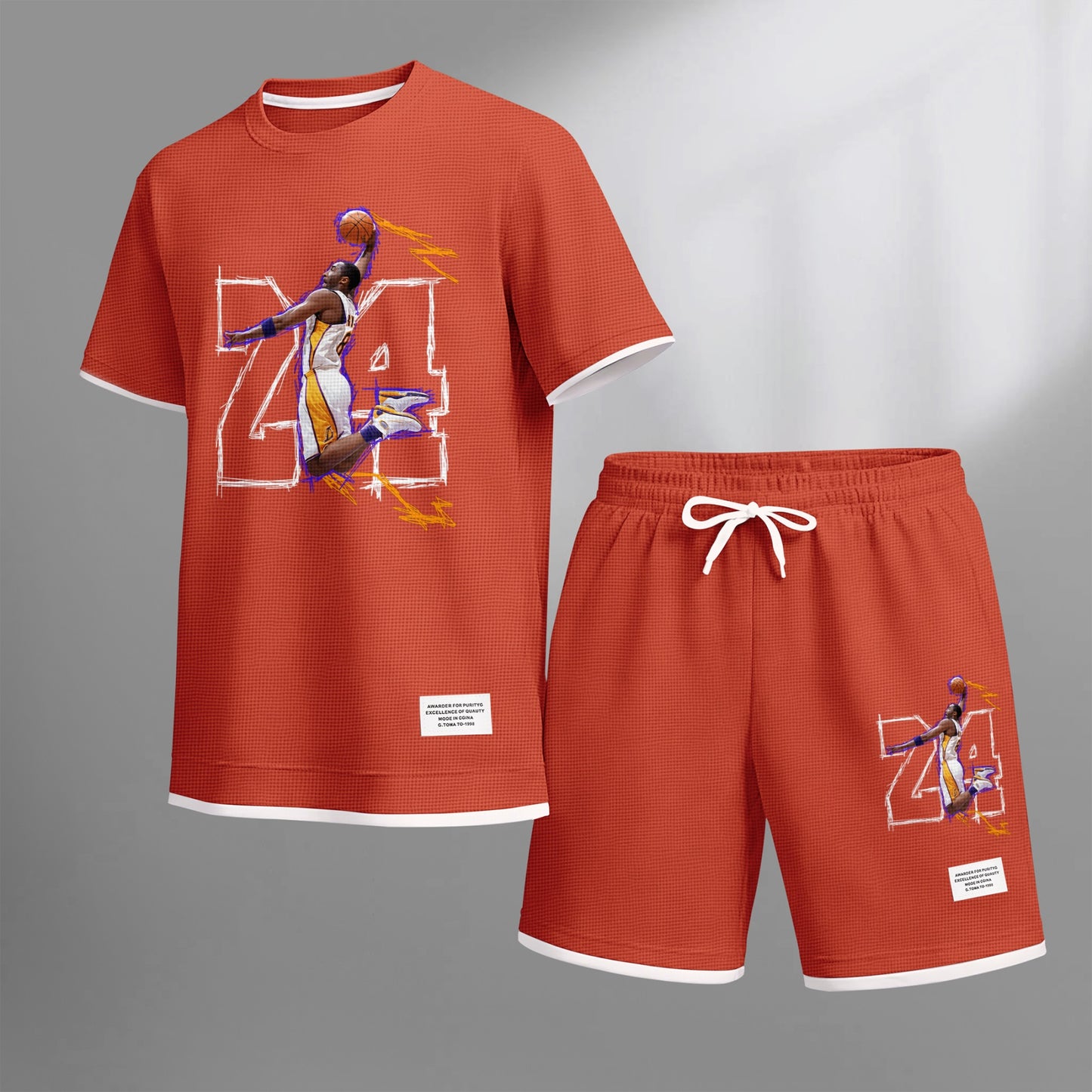 Men's No.24 Basketball Dunk Art Print Short Sleeve T-Shirt & Shorts Set, Summer Lightweight Waffle Sporty Casual Two-Piece Outfit, Streetwear for Basketball, Gym & Daily Wear
