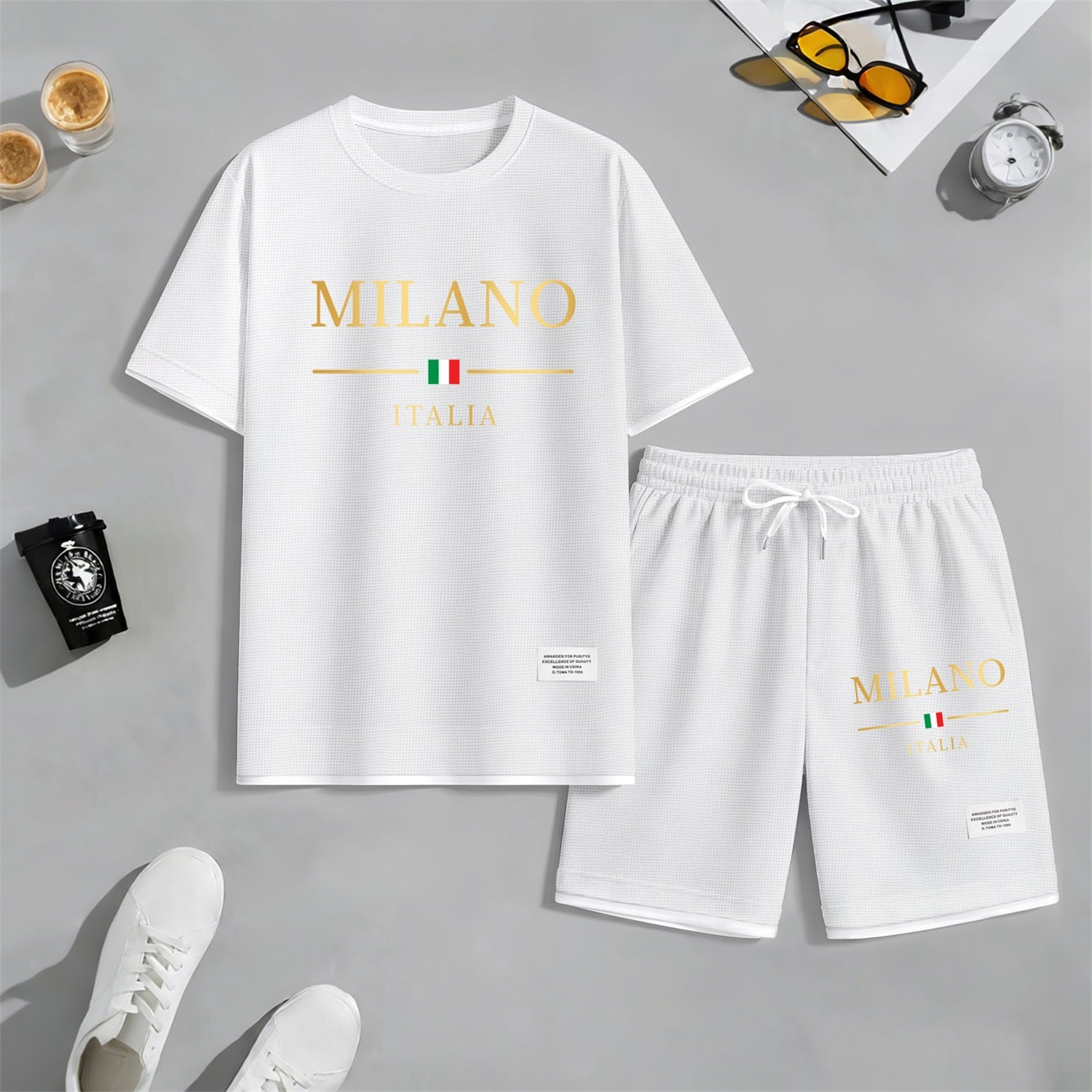 Men's Golden Milano Italy Print Waffle Fabric Short-Sleeved Shirt And Shorts Set02