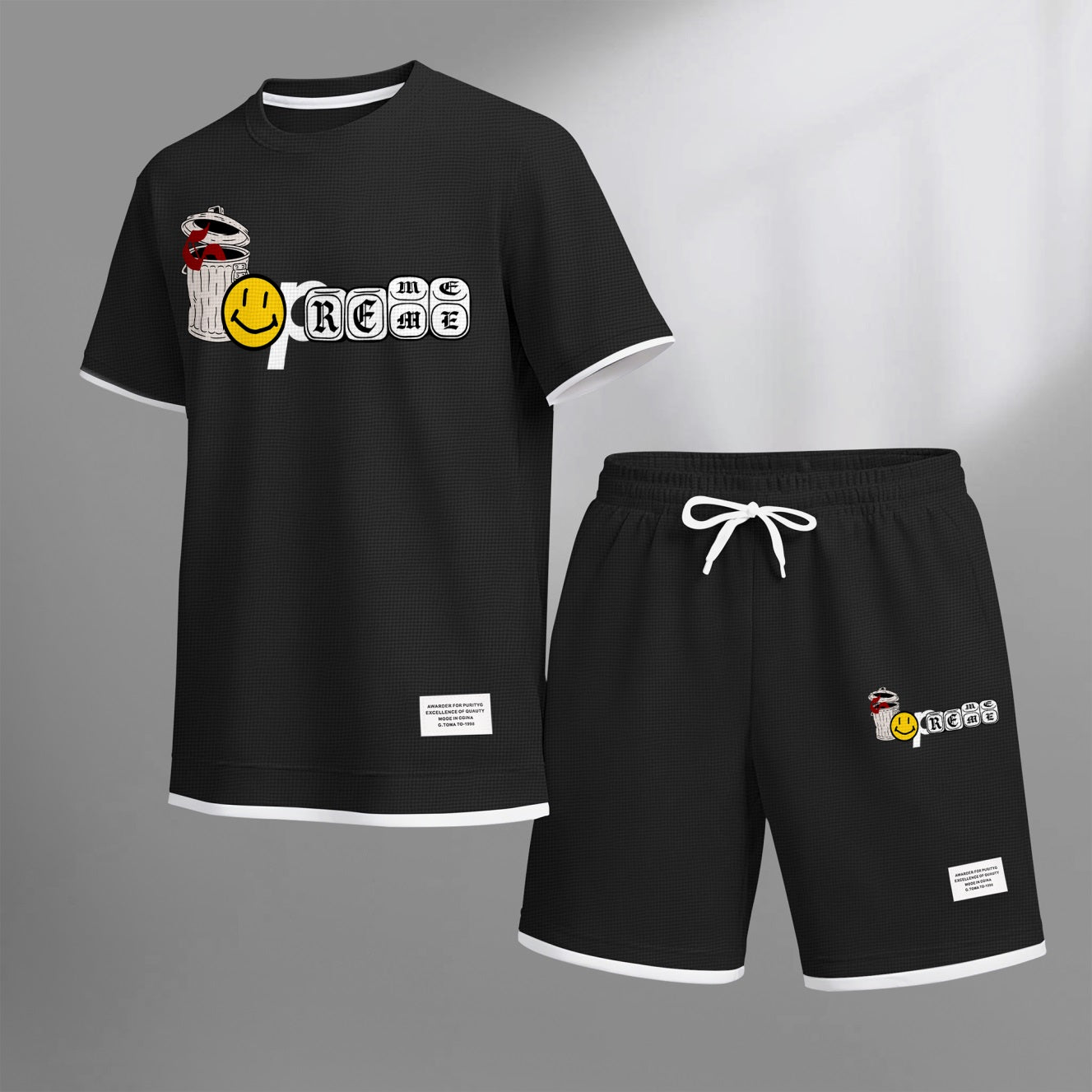 Men's Graffiti Collage Design Print Waffle Fabric Short-Sleeved Shirt And Shorts Set