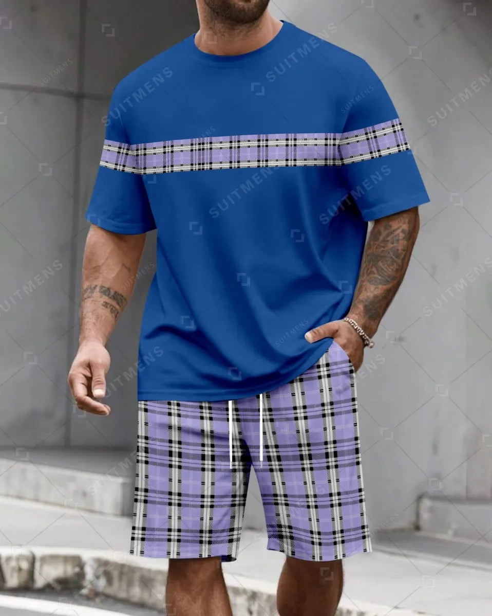 Men's Summer Colorblock Plaid Print Round Neck Set 479