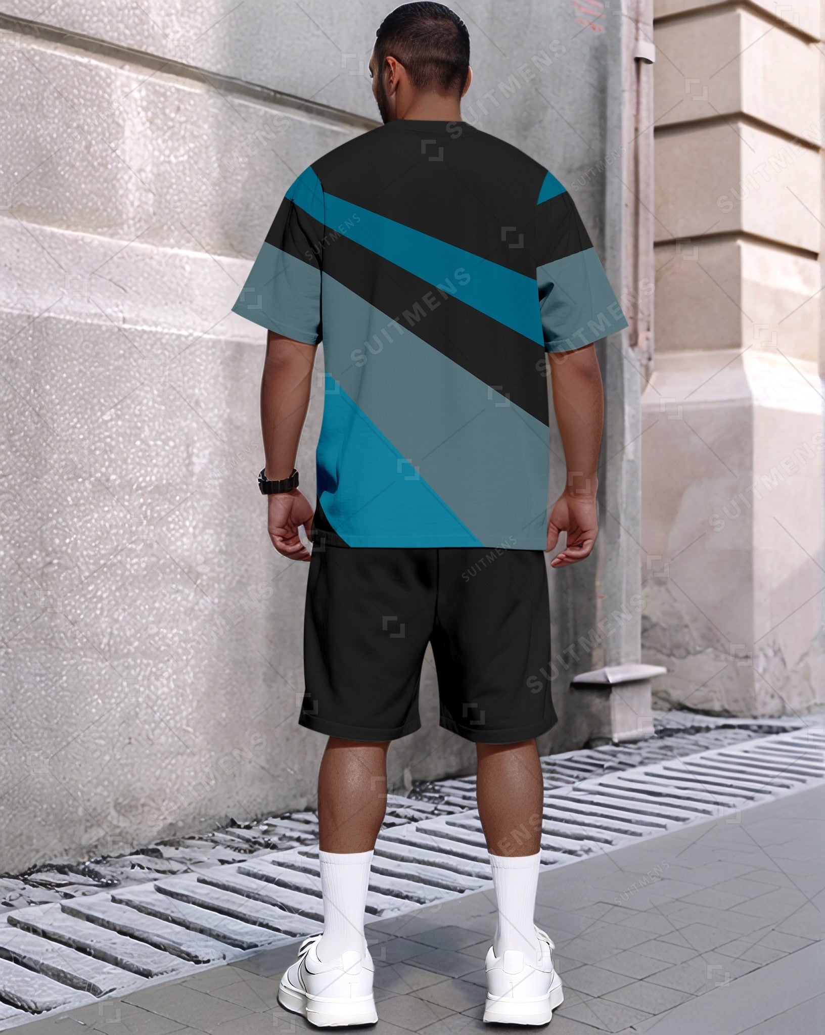 Men's Summer Colorblock Printed Round Neck Set 415