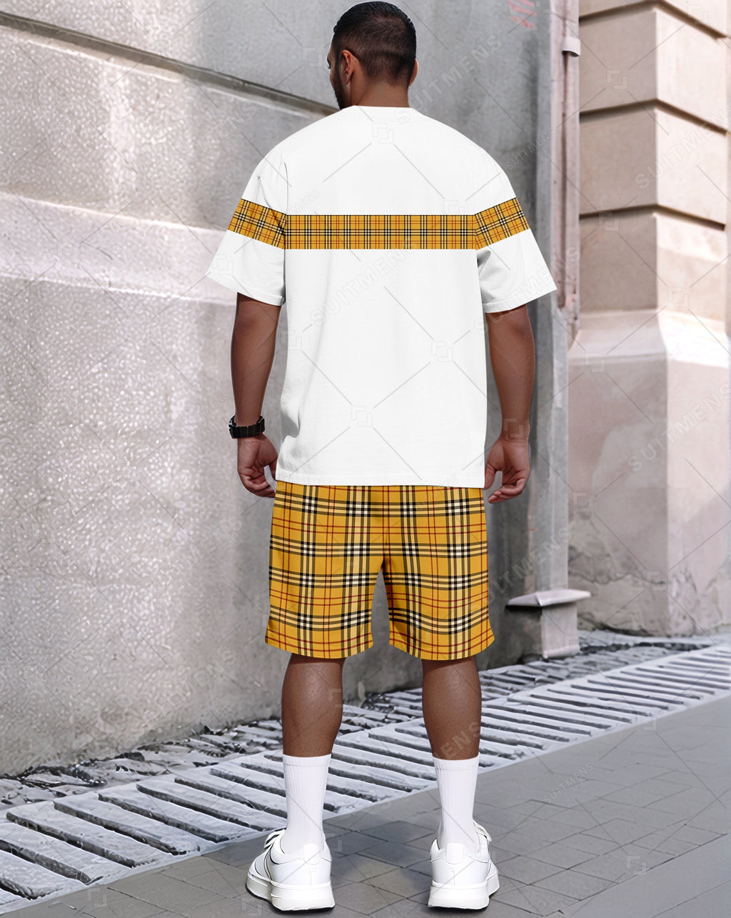 Men's Summer Colorblock Plaid Print Round Neck Set 478