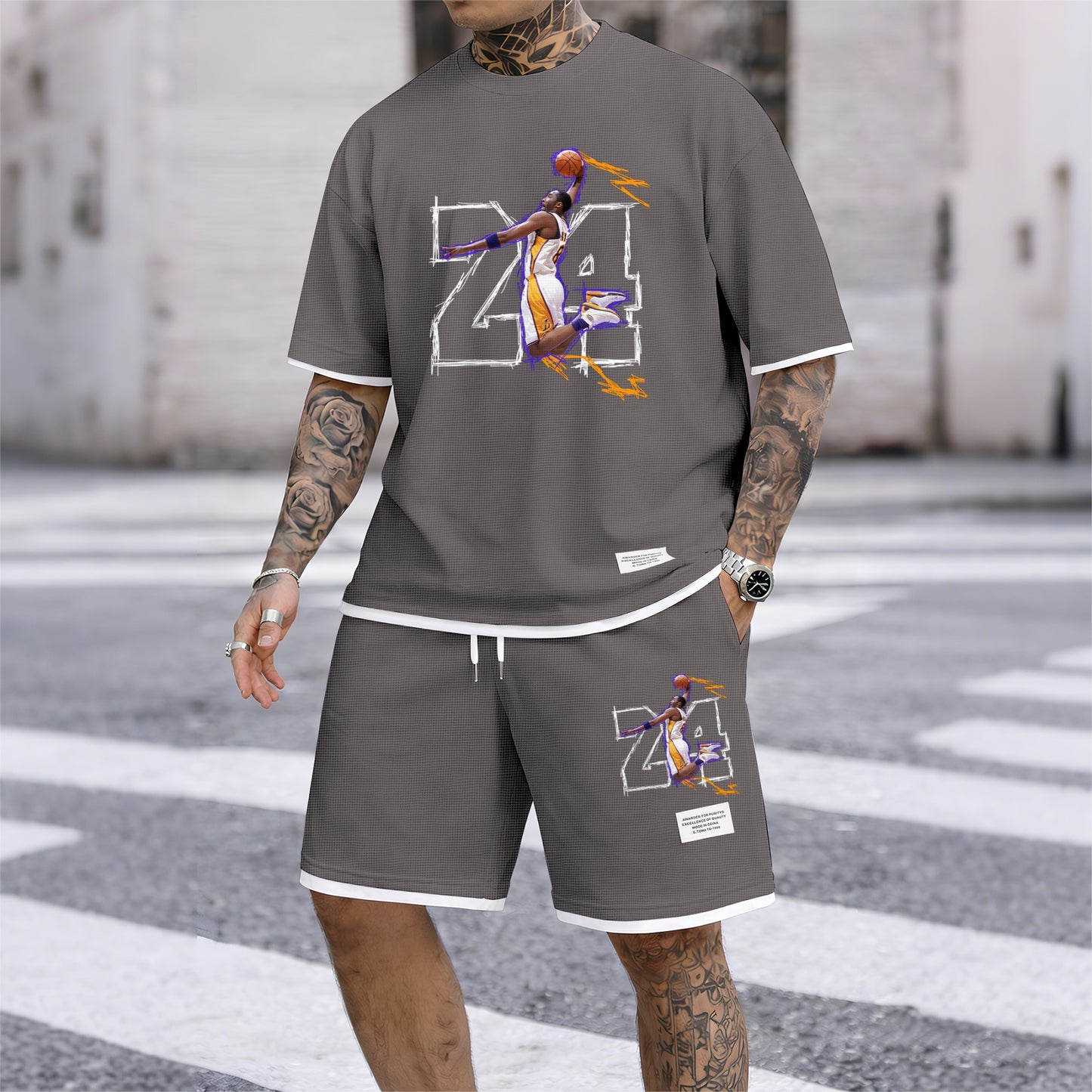 Men's No.24 Basketball Dunk Art Print Short Sleeve T-Shirt & Shorts Set, Summer Lightweight Waffle Sporty Casual Two-Piece Outfit, Streetwear for Basketball, Gym & Daily Wear