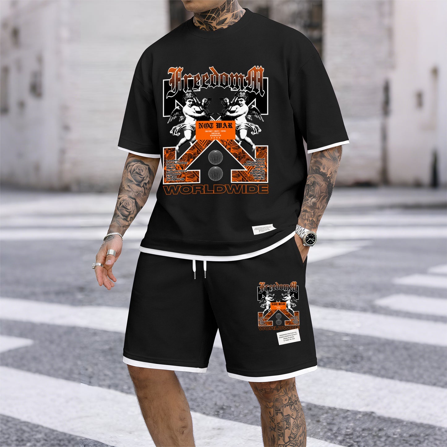 Men's Angel Graphic Print Short Sleeve Shirt and Drawstring Shorts Set, Casual Summer Two-Piece Outfit, Lightweight Breathable Relaxed Fit Athletic Set for Daily Wear, Beach, Vacation, Travel & Loungewear