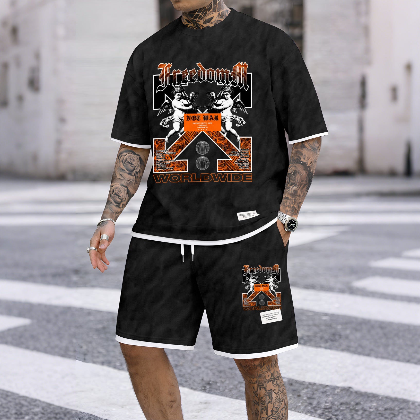 Men's Angel Graphic Print Short Sleeve Shirt and Drawstring Shorts Set, Casual Summer Two-Piece Outfit, Lightweight Breathable Relaxed Fit Athletic Set for Daily Wear, Beach, Vacation, Travel & Loungewear