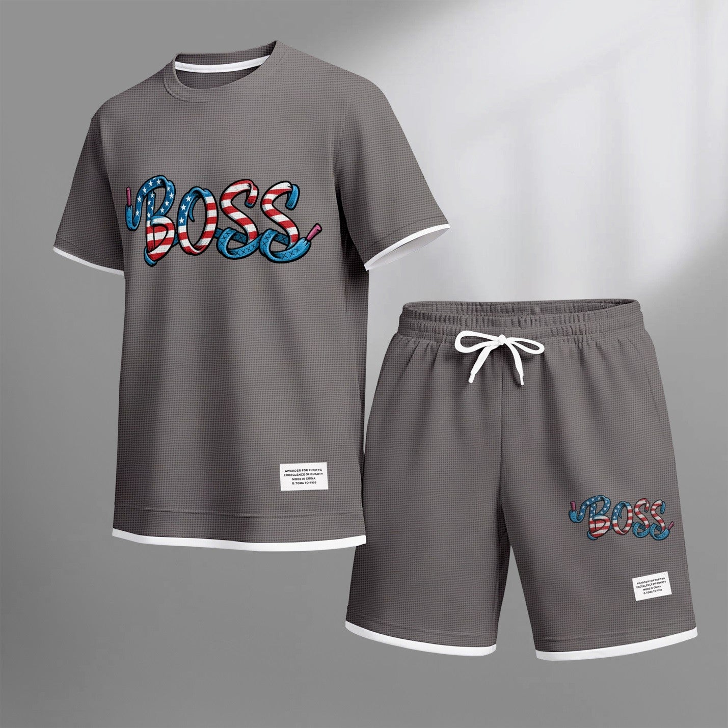 Men's Boss print drawstring shorts set for spring/summer, a casual summer outfit including a short-sleeved shirt and shorts, suitable for everyday wear and sports. A two-piece set for a relaxed and energetic lifestyle.