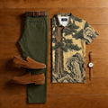 Men's Casual Apricot-Colored Plants Printed Short-Sleeve Polo Shirt And Trousers Two-Piece Set