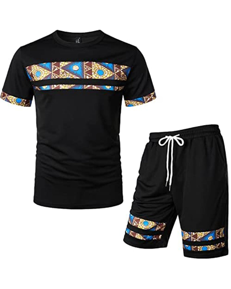 Men's Printed Colorblock T-Shirt and Shorts Set 011