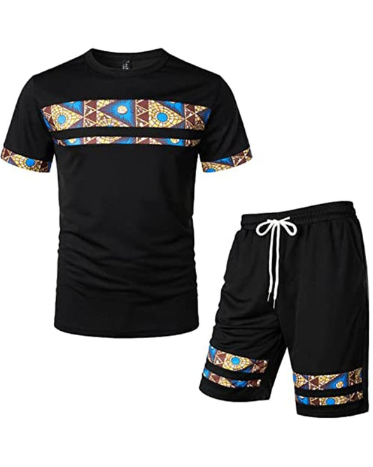 Men's Printed Colorblock T-Shirt and Shorts Set 011