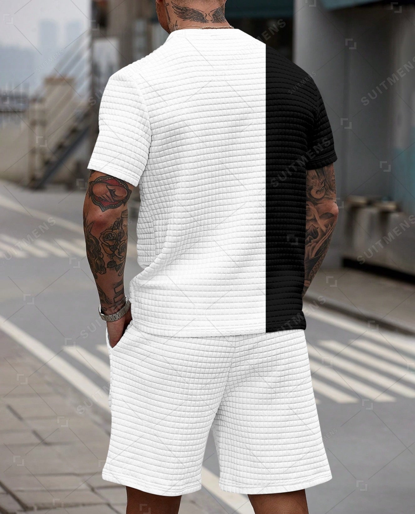 Men's Casual Waffle Textured Summer Round Neck Short Sleeve Shorts Set 0010