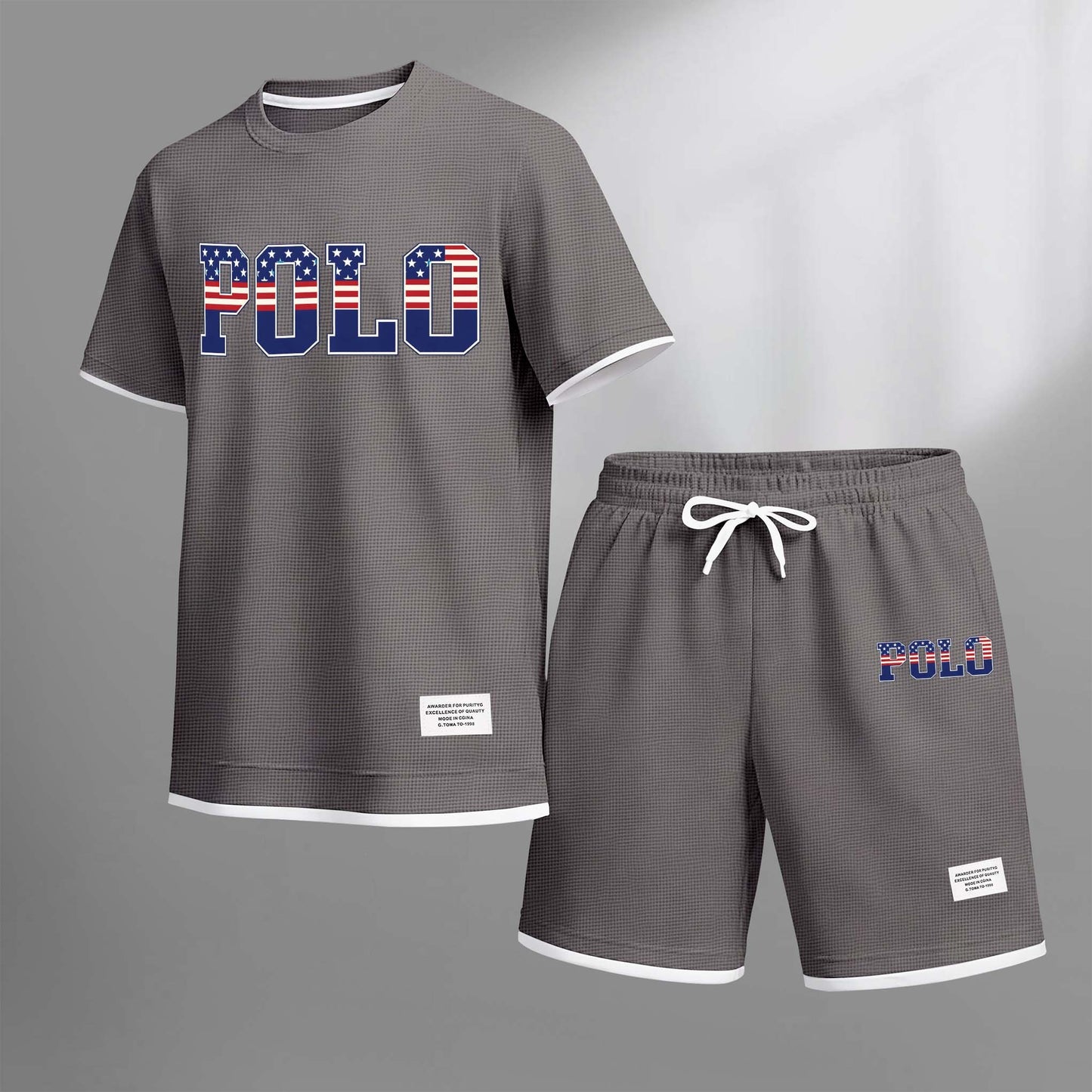 Men's Polo Print Drawstring Shorts Set For Spring/Summer. A Casual Summer Outfit, Including A Short-Sleeved Shirt And Shorts, Suitable For Everyday Wear And Sports. A Two-Piece Set For A Relaxed And Energetic Lifestyle.