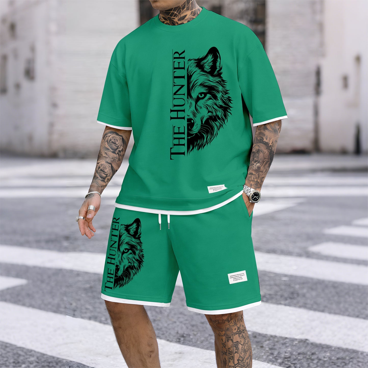 Men's "The Hunter" Wolf Head Graphic Print Waffle Short Sleeve T-Shirt & Shorts Set, Summer Lightweight Casual Sporty Two-Piece Outfit, Streetwear for Gym & Daily Wear