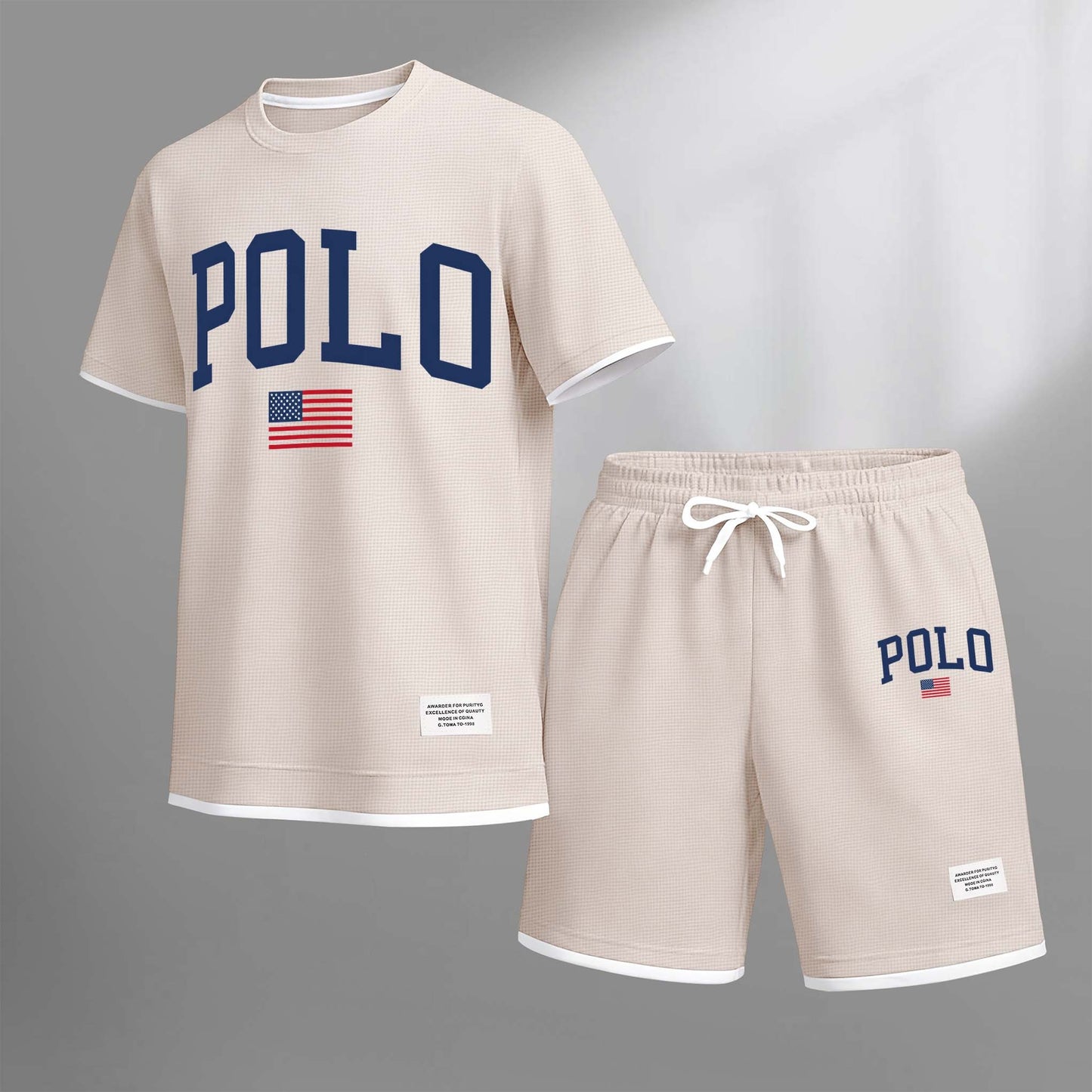 Men's Polo Print Drawstring Shorts Set For Spring/Summer. A Casual Summer Outfit, Including A Short-Sleeved Shirt And Shorts, Suitable For Everyday Wear And Sports. A Two-Piece Set For A Relaxed And Energetic Lifestyle.