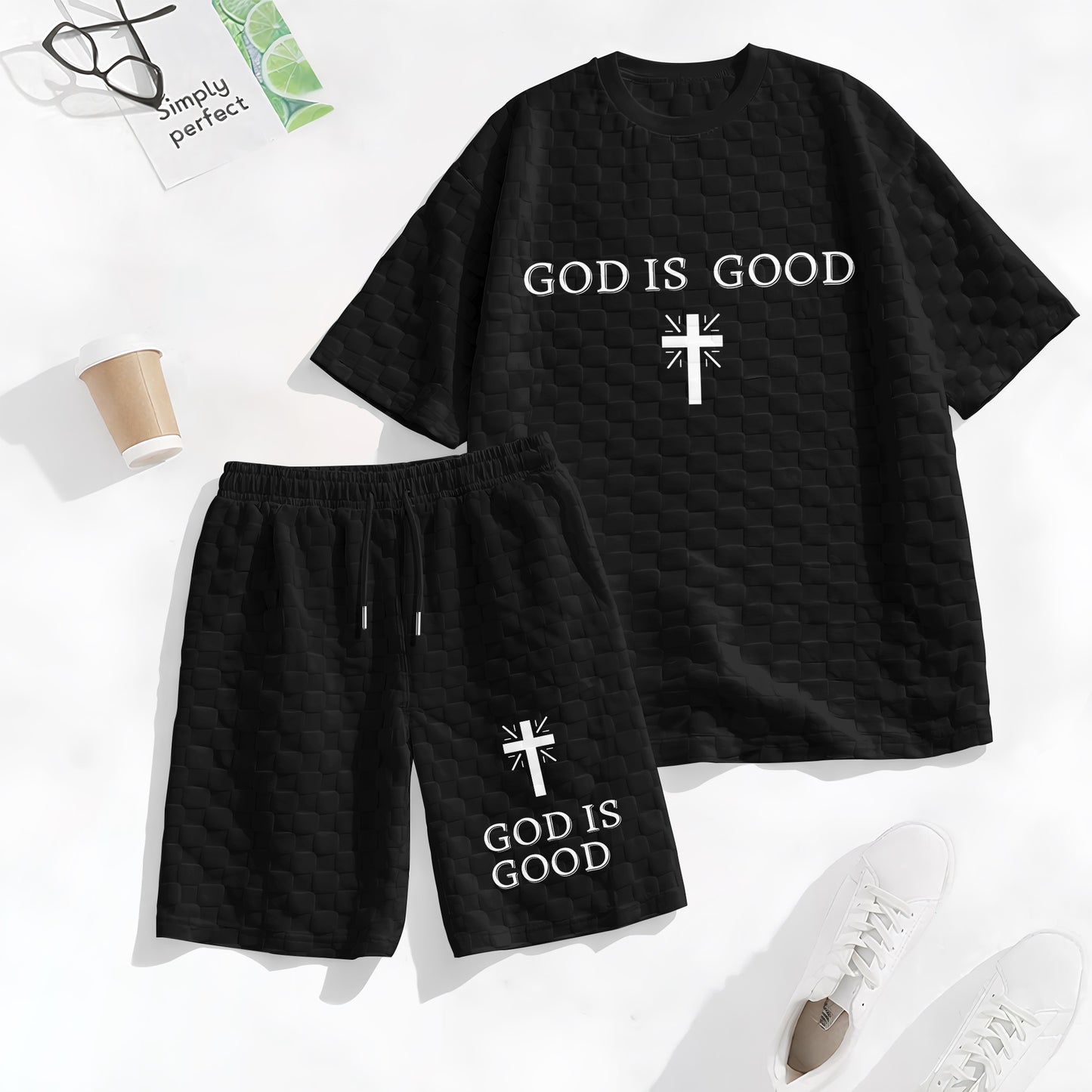 Men's Spring and Summer God is Good Letter Print Checkered Fabric Drawstring Shorts Set, Casual Summer Outfit with Short-Sleeved Shirt and Shorts, Ideal for Everyday Wear and Sports Activities