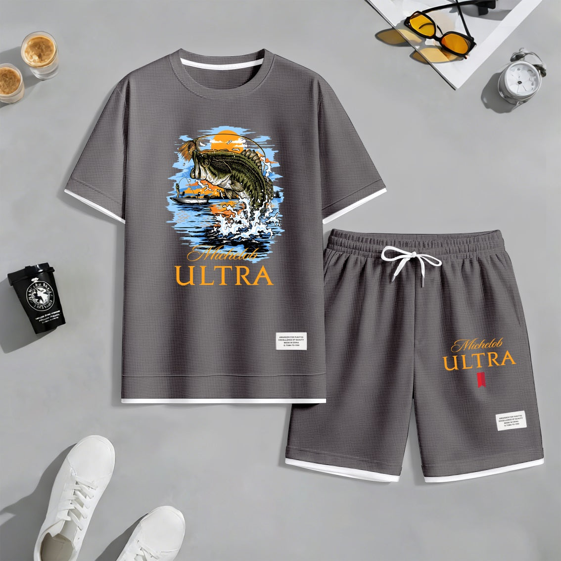 Men's Largemouth Bass Fishing Beer Print Waffle Fabric Short-Sleeved Shirt And Shorts Set