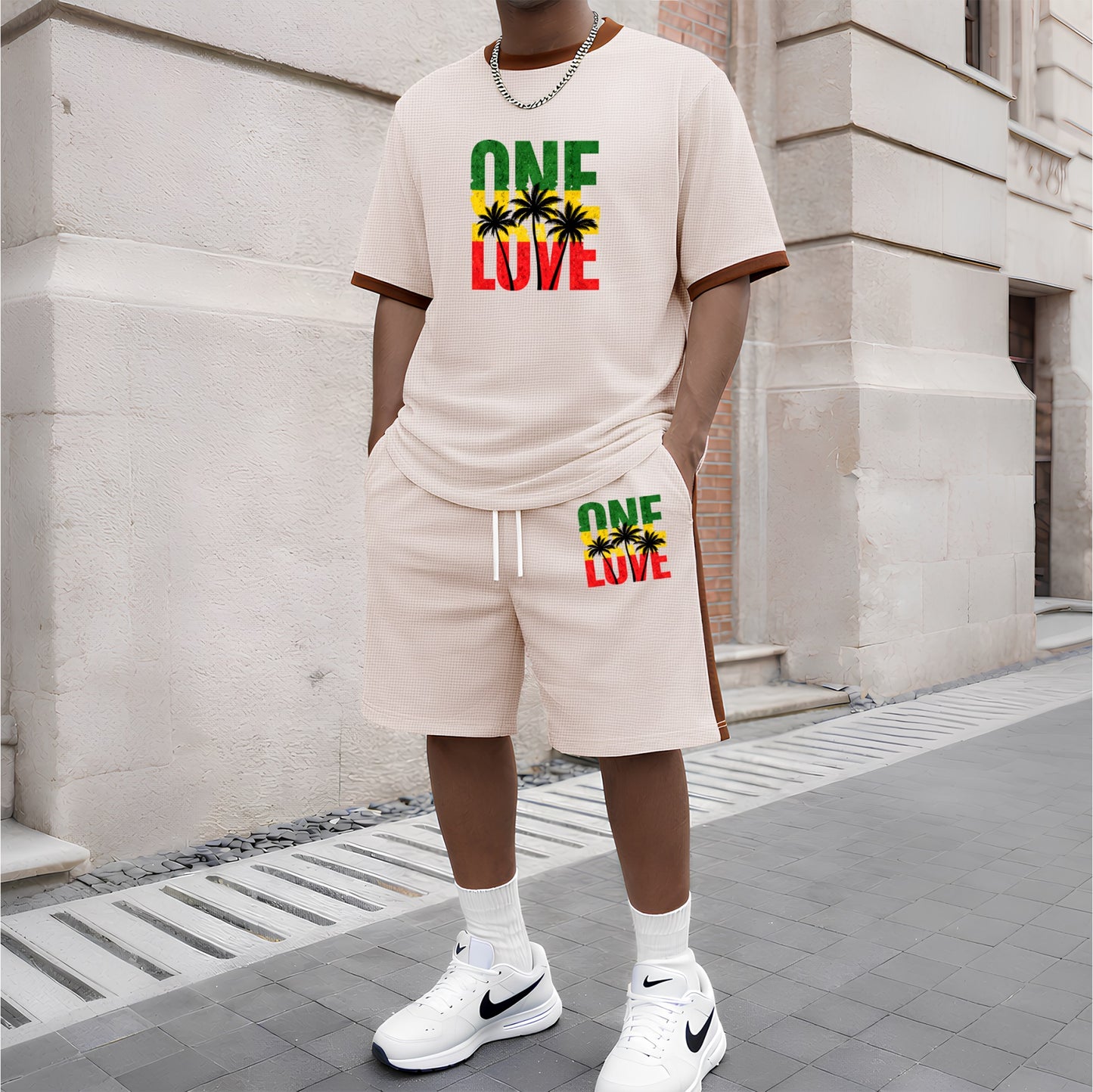 Men's Pattern Short-Sleeve T-Shirt and Drawstring Shorts Set, Men's Clothing, Casual Sporty Short-Sleeve Top and Shorts, Summer Men's Everyday Wear, Indoor and Outdoor Sportswear, Athletic Set
