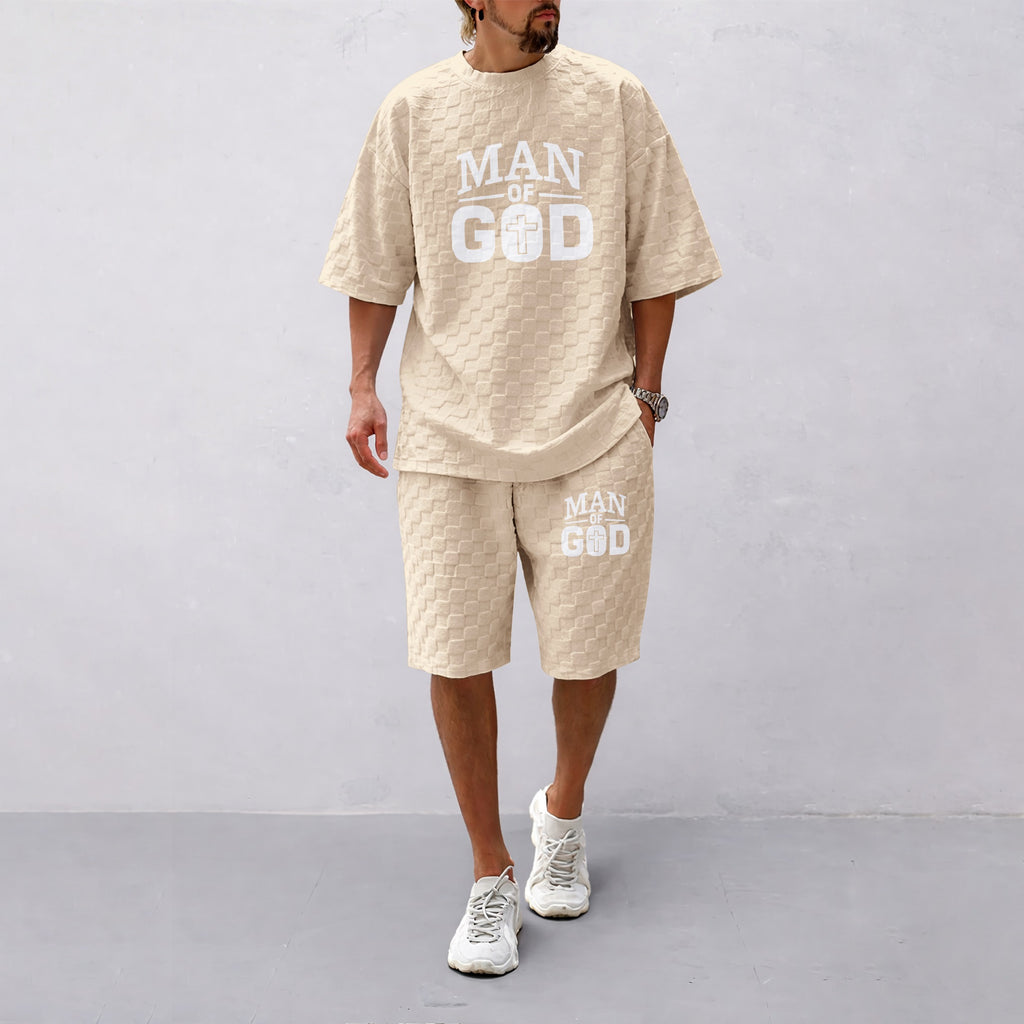 Men's Spring and Summer 'Man of God' Letter Print Checkered Fabric Drawstring Shorts Set, Casual Summer Outfit with Short-Sleeved Shirt and Shorts, Ideal for Everyday Wear and Sports Activities.