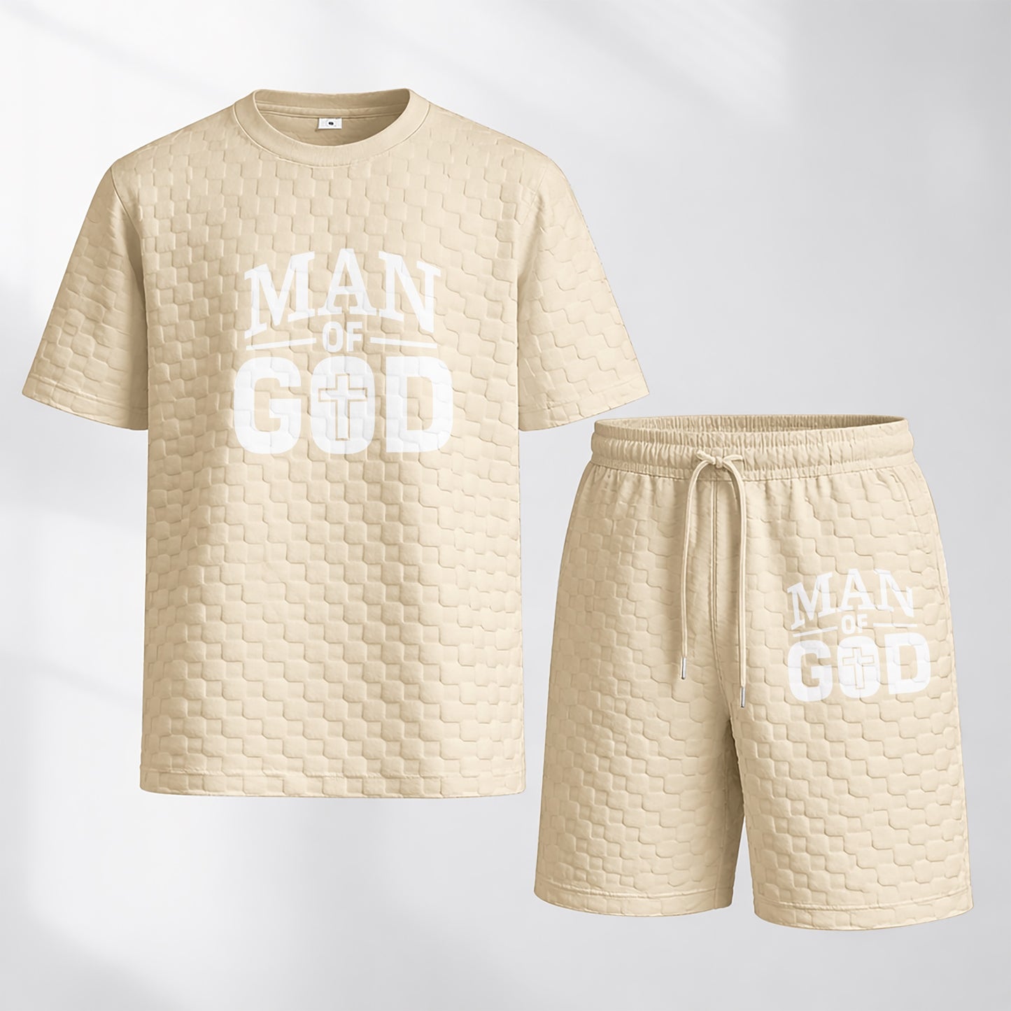 Men's Spring and Summer 'Man of God' Letter Print Checkered Fabric Drawstring Shorts Set, Casual Summer Outfit with Short-Sleeved Shirt and Shorts, Ideal for Everyday Wear and Sports Activities.
