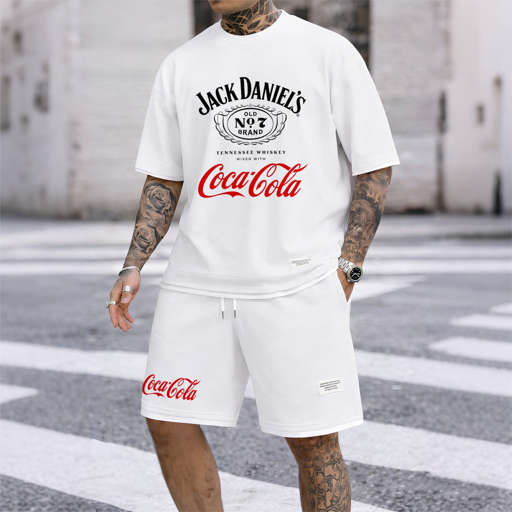 Men's Beer Print Drawstring Shorts Set, Suitable For Spring And Summer Wear, Casual Summer Set, Including Short-Sleeved Shirt And Shorts, Suitable For Everyday Wear And Sports 06