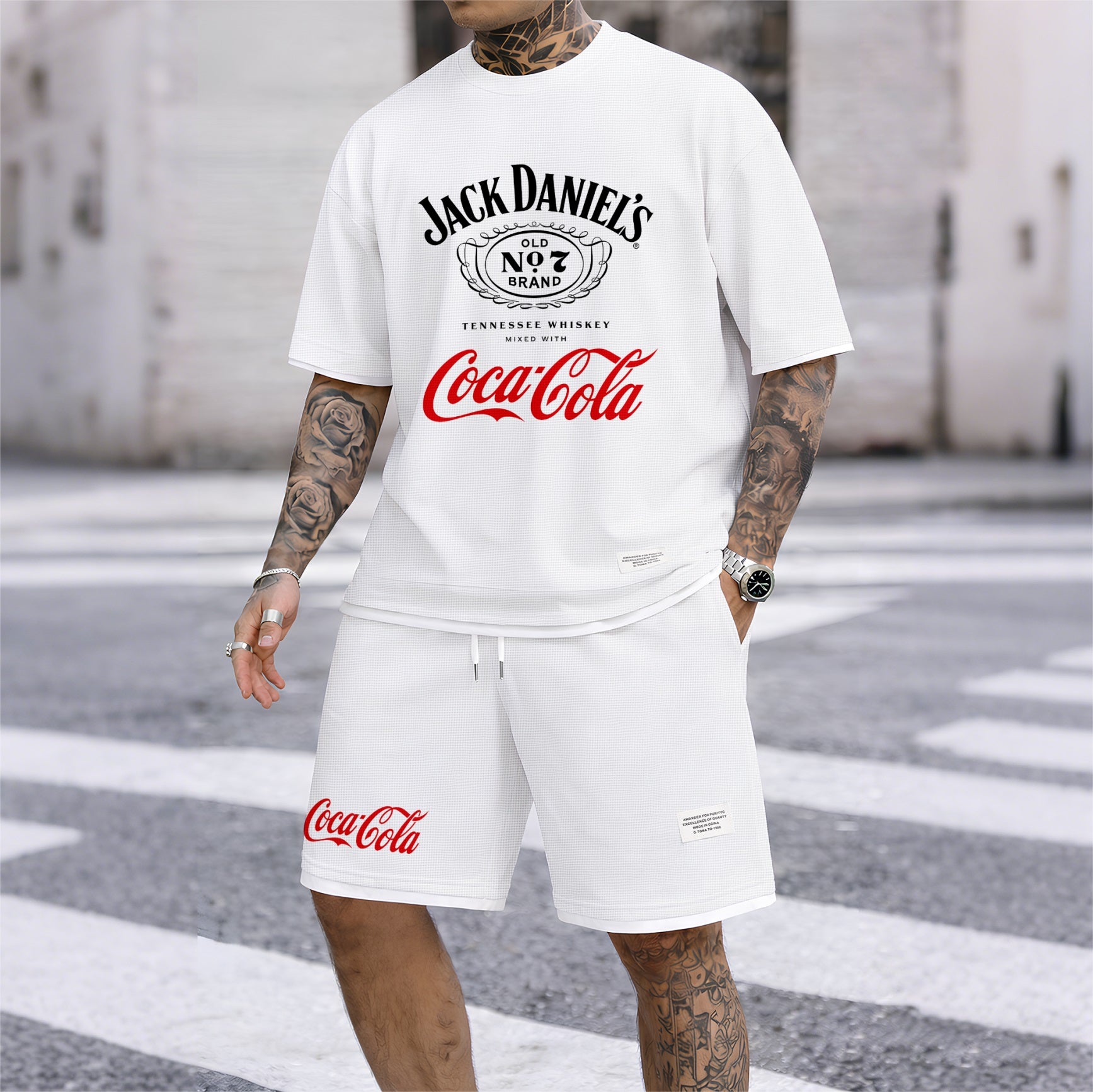 Men's Beer Print Drawstring Shorts Set, Suitable For Spring And Summer Wear, Casual Summer Set, Including Short-Sleeved Shirt And Shorts, Suitable For Everyday Wear And Sports 06