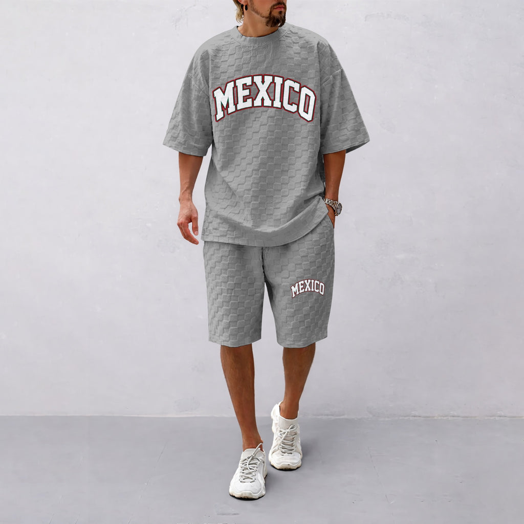 Men's Spring/Summer Mexican-Print Plaid Drawstring Shorts Set—A casual summer outfit featuring a short-sleeve shirt and shorts, ideal for both everyday wear and athletic activities