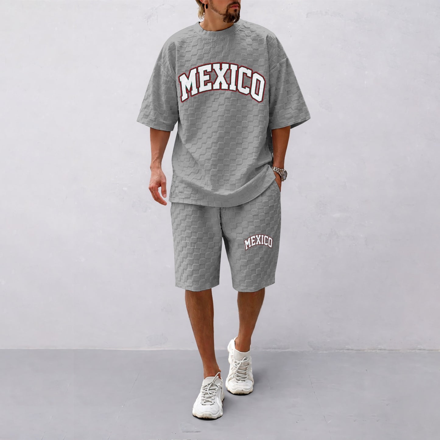 Men's Spring/Summer Mexican-Print Plaid Drawstring Shorts Set—A casual summer outfit featuring a short-sleeve shirt and shorts, ideal for both everyday wear and athletic activities