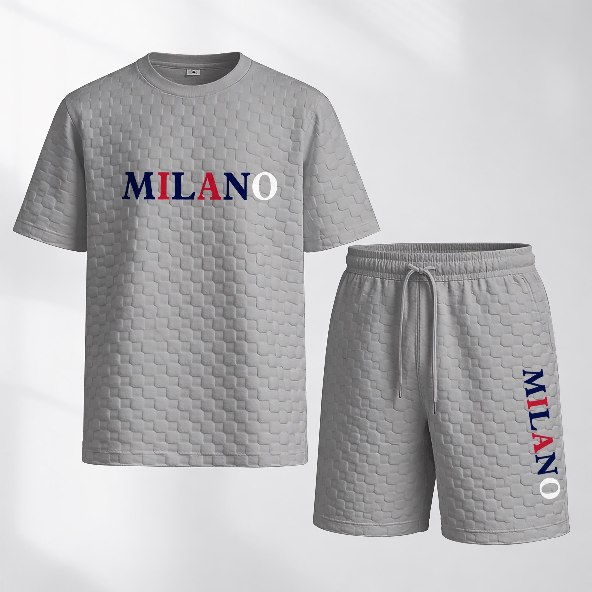 Men's Spring and Summer 'MILANO' Letter Print Checkered Fabric Drawstring Shorts Set, Casual Summer Outfit with Short-Sleeved Shirt and Shorts, Ideal for Everyday Wear and Sports Activities