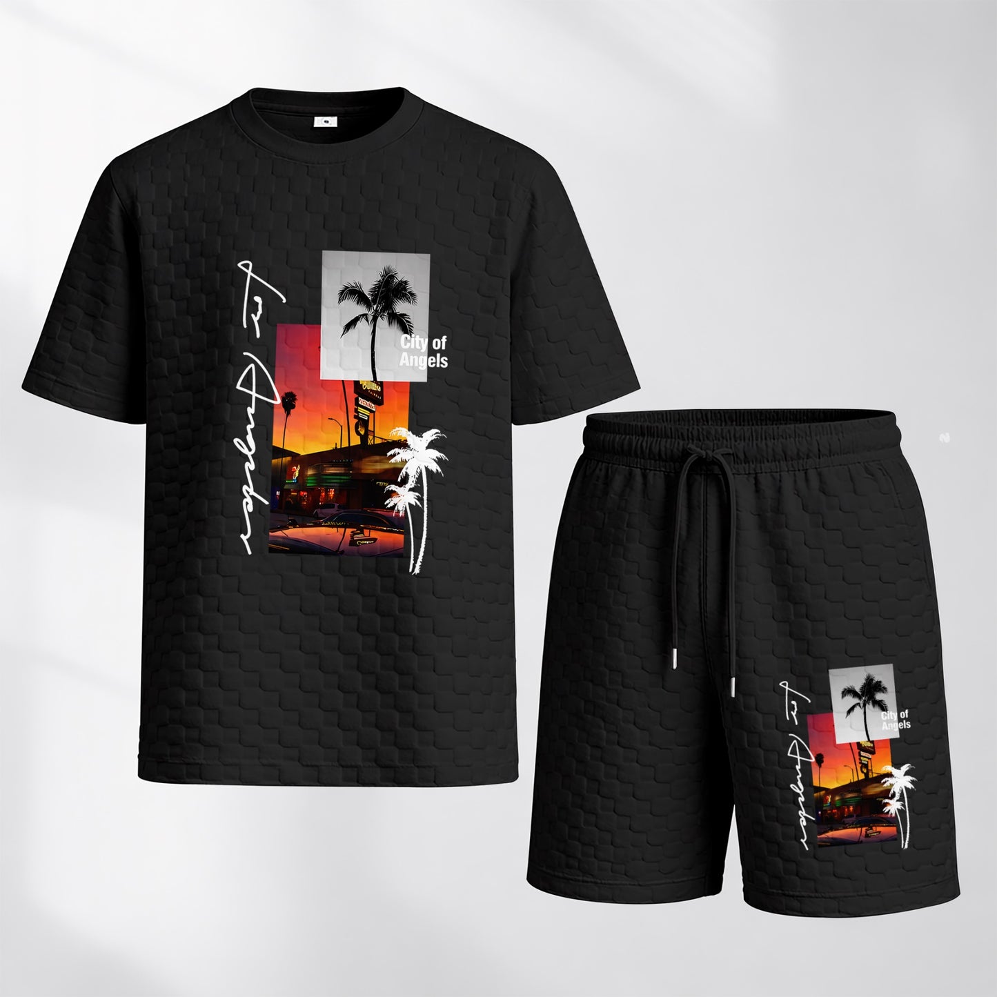 Men's Resort Graphic Print Spring And Summer Drawstring Shorts Set, A Casual Summer Outfit, Including A Short-Sleeved Shirt And Shorts, Suitable For Everyday Wear And Sports Activities.
