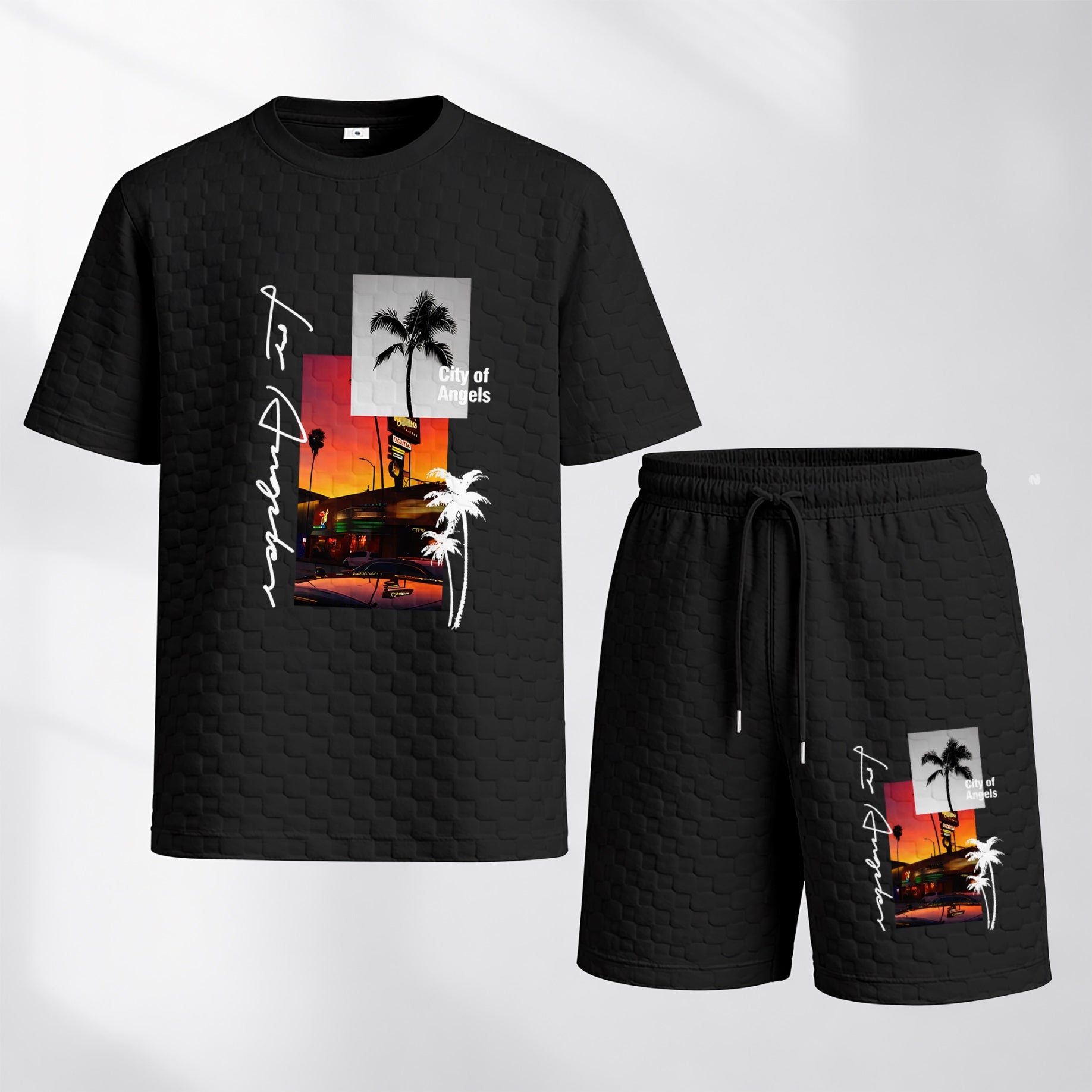 Men's Resort Graphic Print Spring And Summer Drawstring Shorts Set, A Casual Summer Outfit, Including A Short-Sleeved Shirt And Shorts, Suitable For Everyday Wear And Sports Activities.