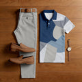 Men's Casual Gray & Navy Color Matching Geometric Printed Short Sleeved Polo Shirt & Trousers Two-Piece Set