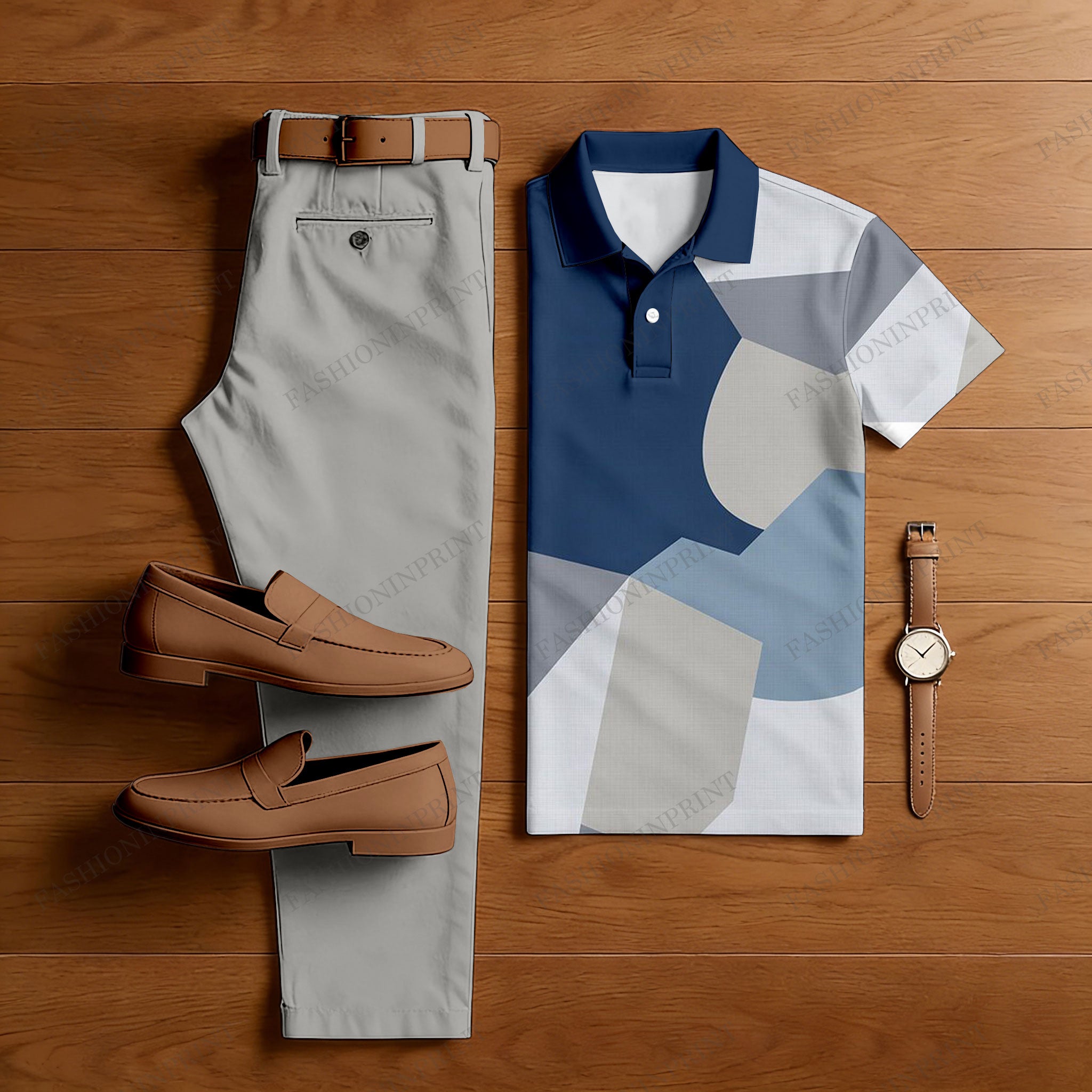 Men's Casual Gray & Navy Color Matching Geometric Printed Short Sleeved Polo Shirt & Trousers Two-Piece Set