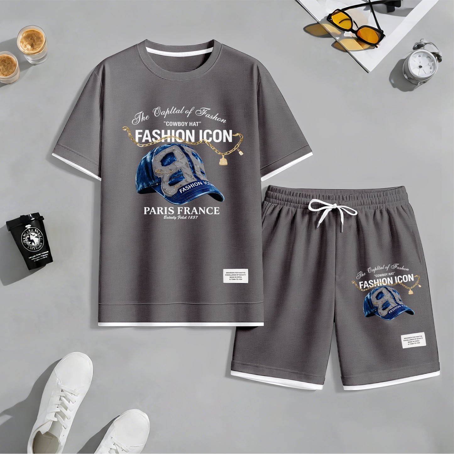 Men's Retro Cool Letter Print Short Sleeve T-Shirt & Shorts Set, Summer Lightweight Waffle Sporty Casual Two-Piece Outfit, Streetwear for Gym & Daily Wear