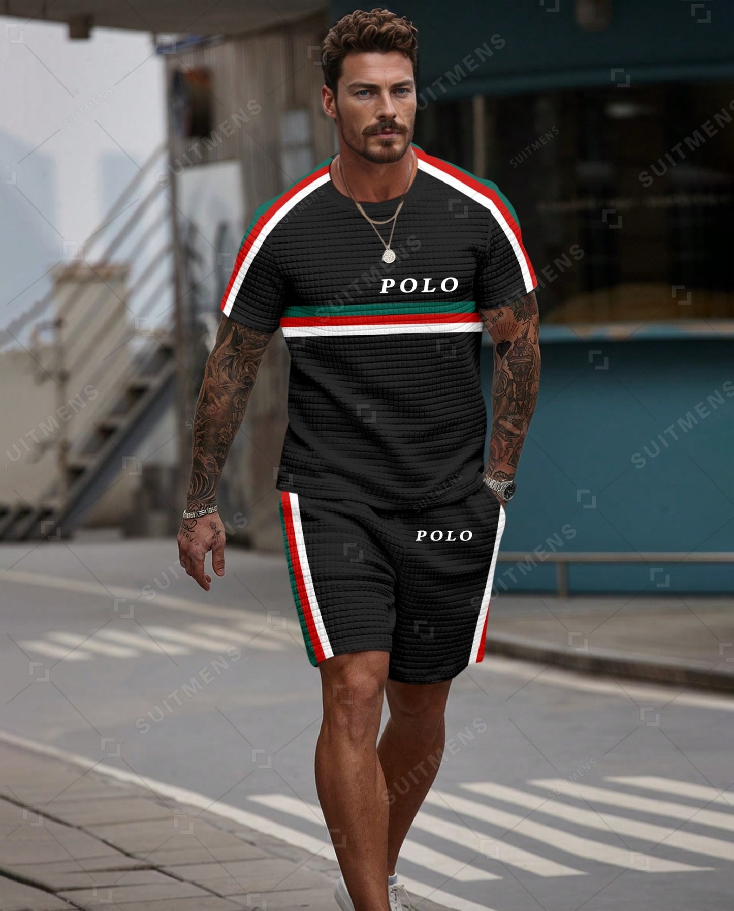 Men's Casual Waffle Textured Summer Round Neck Short Sleeve Shorts Set 0028