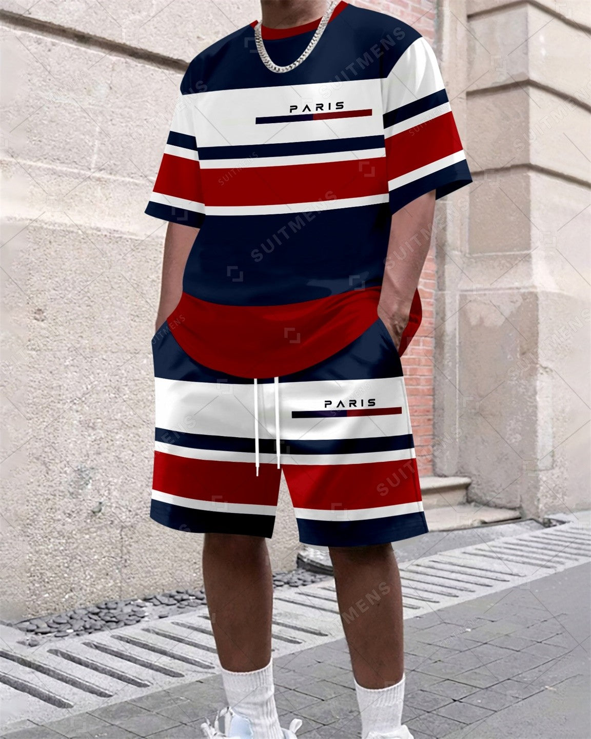 Men's Summer Colorblock Printed Round Neck Set 387