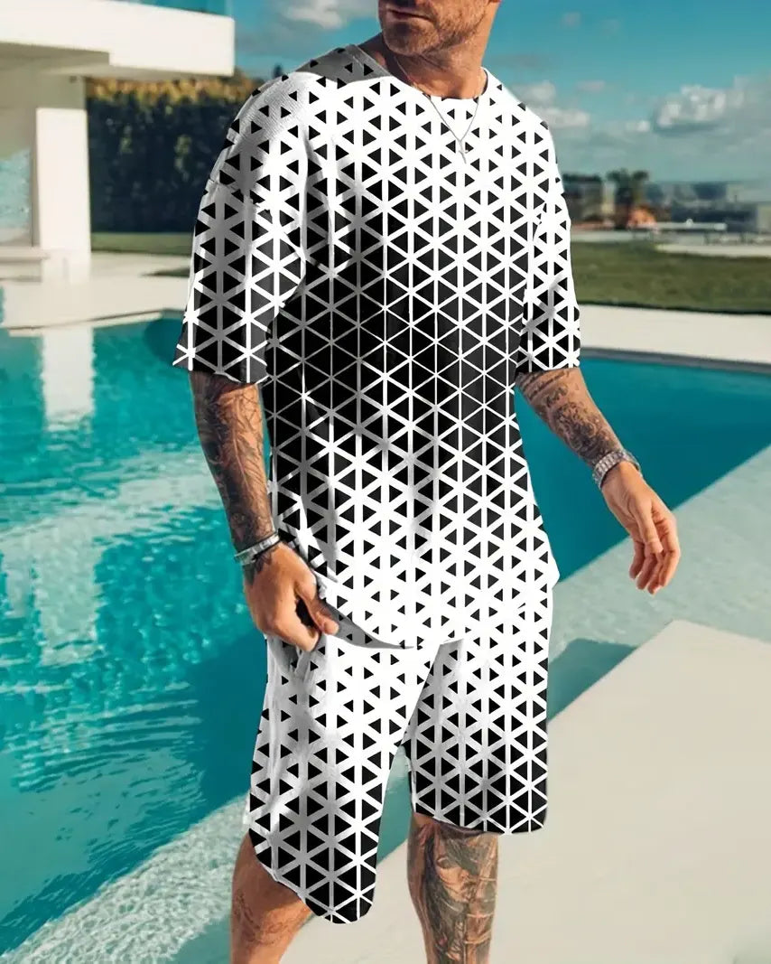 Men's Casual Color Block Music Print Shorts Set 557