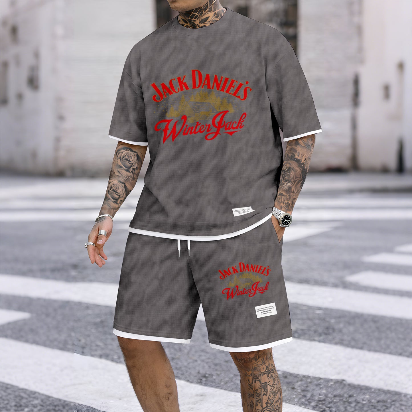 Men's Beer And Beverage Printed Drawstring Shorts Set, Suitable For Spring And Summer Wear, Casual Summer Set, Including Short-Sleeved Shirt And Shorts, Suitable For Everyday Wear And Sports 08