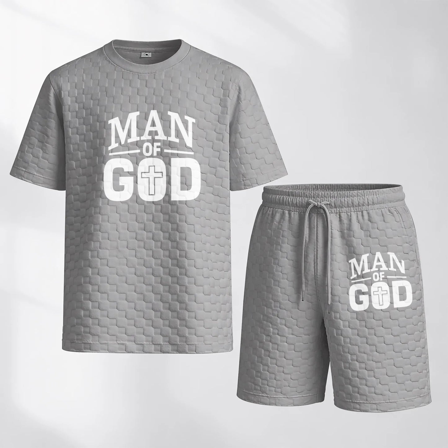 Men's Spring and Summer 'Man of God' Letter Print Checkered Fabric Drawstring Shorts Set, Casual Summer Outfit with Short-Sleeved Shirt and Shorts, Ideal for Everyday Wear and Sports Activities.