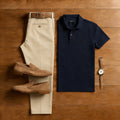 Men's Casual Navy Blue & Khaki Solid Color Matching Short Sleeved Polo Shirt & Trousers Two-Piece Set 202065