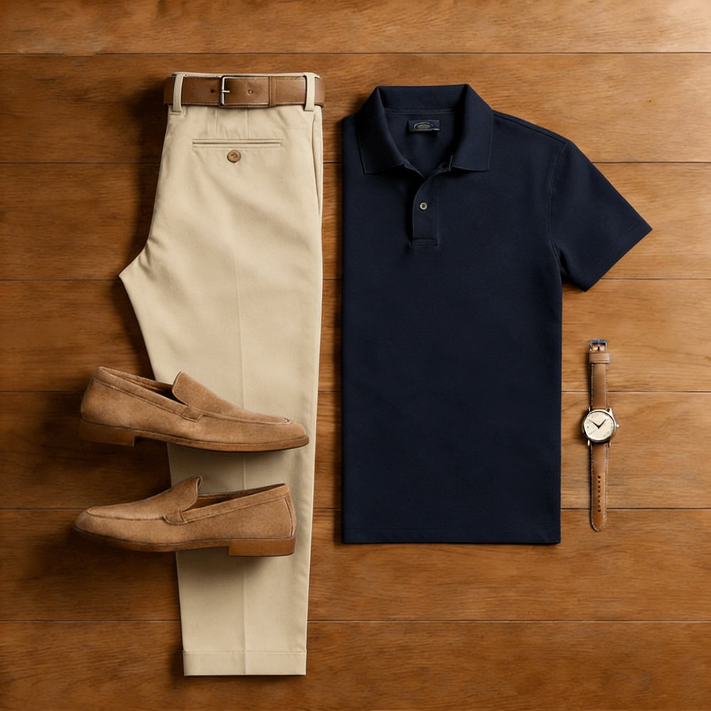 Men's Casual Navy Blue & Khaki Solid Color Matching Short Sleeved Polo Shirt & Trousers Two-Piece Set 202065