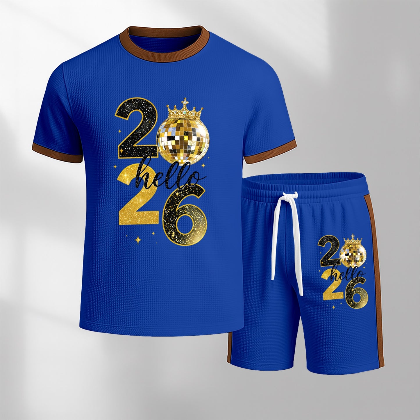 Men's 2026 Pattern Short-Sleeve T-Shirt and Drawstring Shorts Set, Men's Clothing, Casual Sporty Short-Sleeve Top and Shorts, Summer Men's Everyday Wear, Indoor and Outdoor Sportswear, Athletic Set