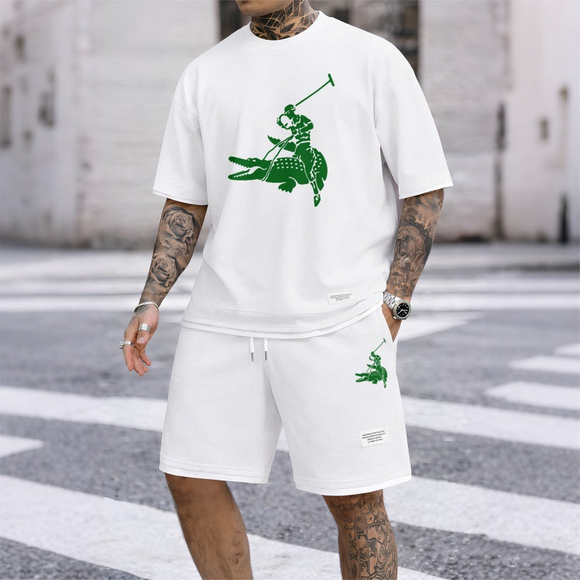 Men's Funny Crocodile Print Waffle Fabric Short-Sleeved Shirt And Shorts Set 02