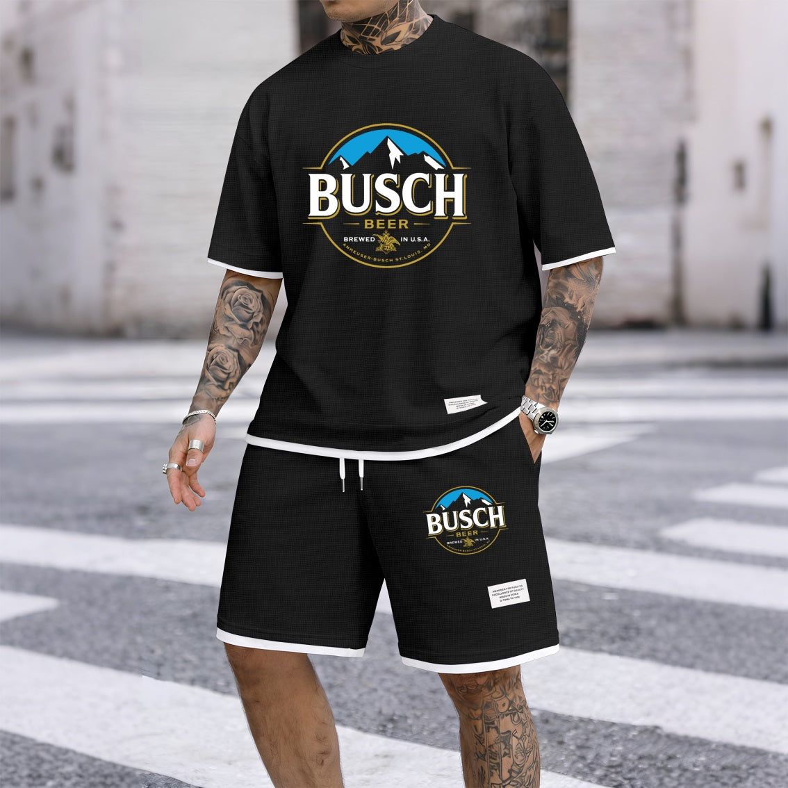Men's Retro Draft Beer Print Waffle Fabric Short-Sleeved Shirt And Shorts Set