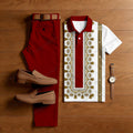 Men's Casual White & Red Color Matching Baroque Style Printed Short Sleeved Polo Shirt & Trousers Two-Piece Set 200861